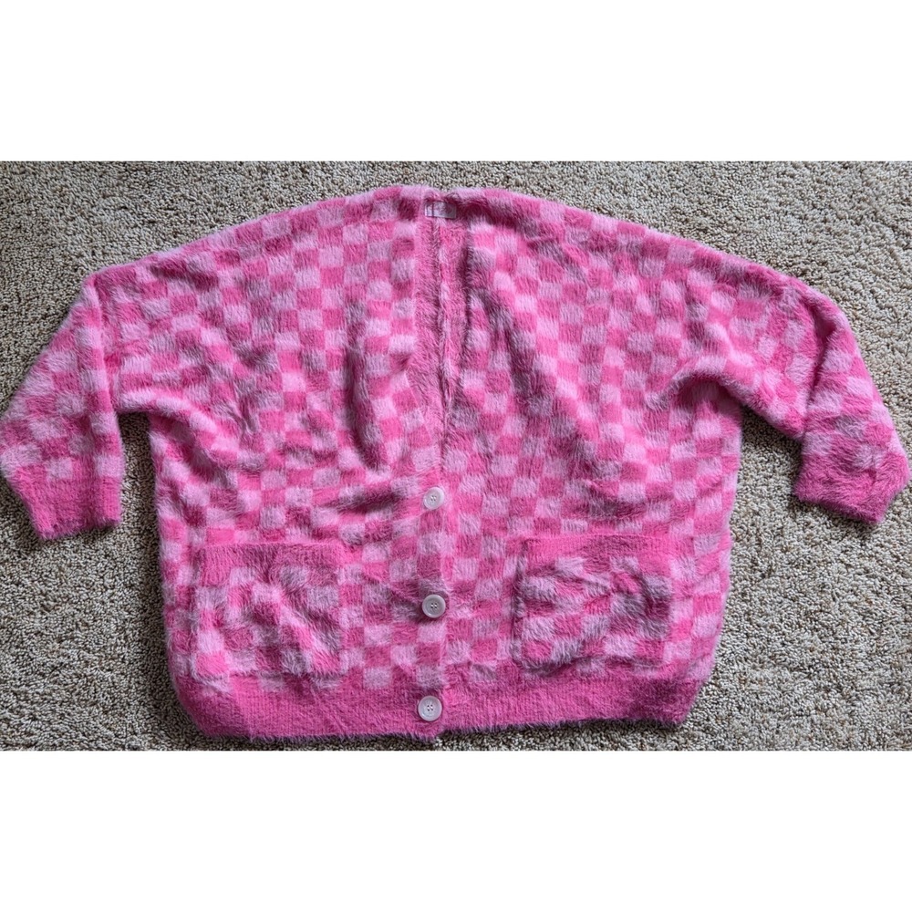 NICE! Pink Lily Women's SMALL Oversized Cardigan Pink Checkers Fuzzy Knit Y2K